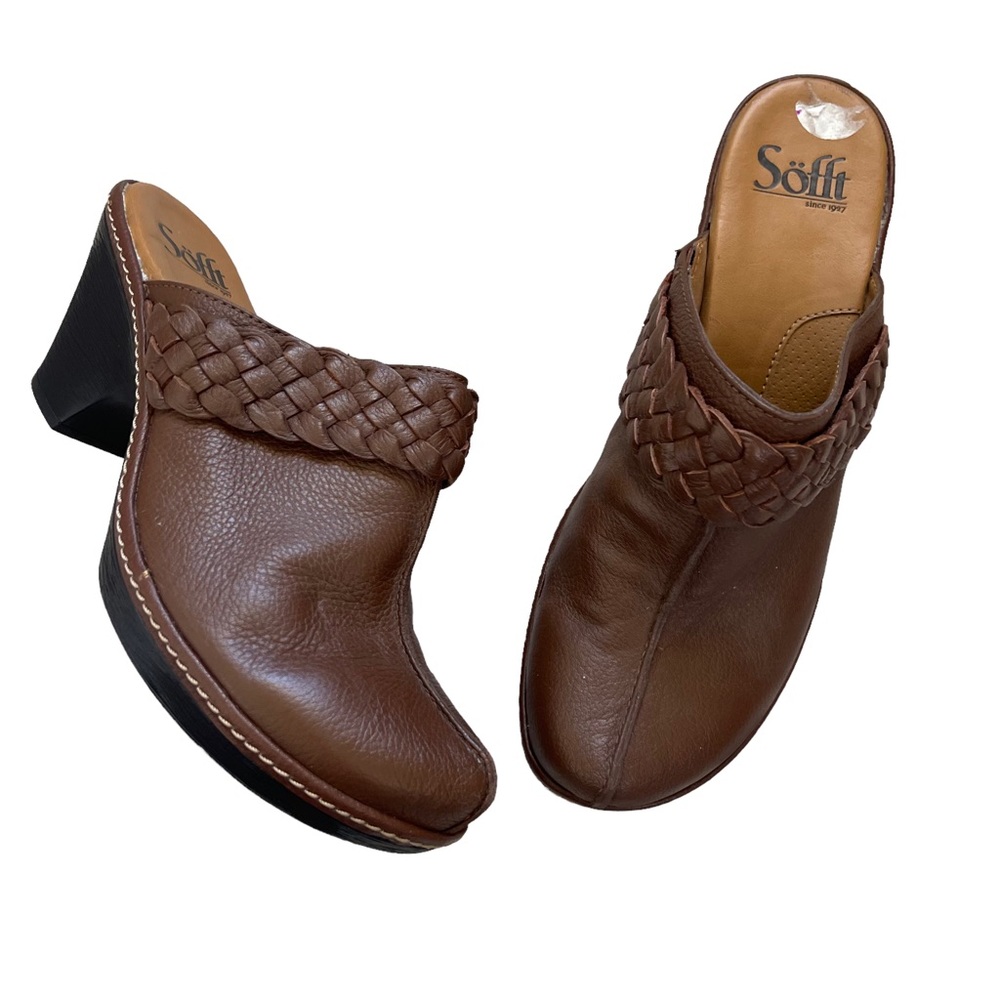 Sofft Heeled Leather Clogs Mules Brown women’s sz 8.5 Braid Slip On Casual Shoes